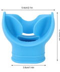 Blue Comfort Bite Dive Regulator Mouthpiece With Tongue Rest Design showing dimensions for universal fit and pain-free diving.