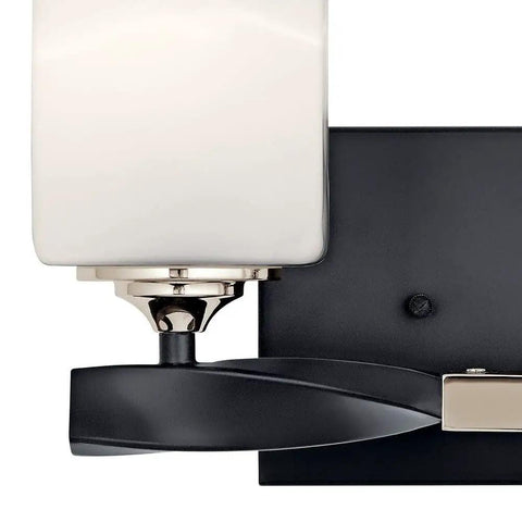 Close-up of Two-Light Marette 13.5-Inch Vanity Light in Brushed Nickel with Satin Etched Cased Opal Glass, showing base details.