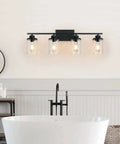 Dope Four Light Matte Black Vanity Lights Over Mirror Farmhouse Style Wall Sconces With Clear Glass Shades in bathroom view