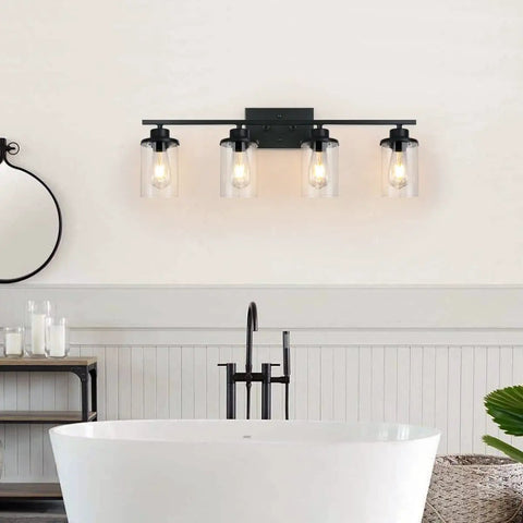 Dope Four Light Matte Black Vanity Lights Over Mirror Farmhouse Style Wall Sconces With Clear Glass Shades in bathroom view