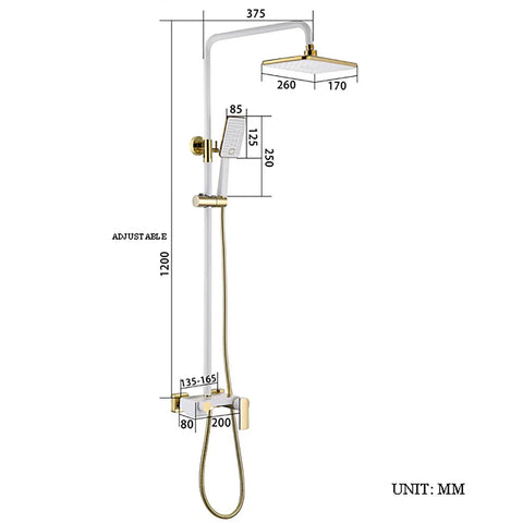 Kick Start Your Daily Ritual With This Clean White Shower Set Featuring A Smooth Waterfall Tub Spout Plus A Spacious 260 By 170 Mm Rainhead Coupled With A Practical Handheld Combo Built For Quick Wall Mounting To Elevate Any Bathroom Flex, showcasing dimensions.