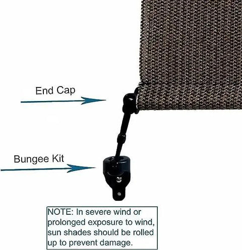 Heavy Duty Bungee Replacement Kit With Built Like A Tank End Caps For Coolaroo Roll Up Blinds And Outdoor Sun Shade All Season Canopy Hardware Tough As Nails For Patios And Decks Black Two Pack Set showing end cap and bungee kit attachment.