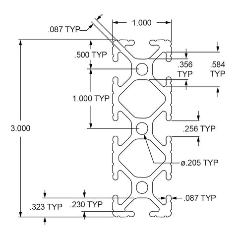 Technical drawing of 10 Series 1 inch by 3 inch T slotted aluminum extrusion for DIY linear rail and frame projects, dimensions marked.