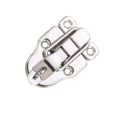 Close-up of a silver 10 Pack Metal Duckbill Box Hasp Toggle Latch with Padlock Hole for wooden boxes and tool chests.