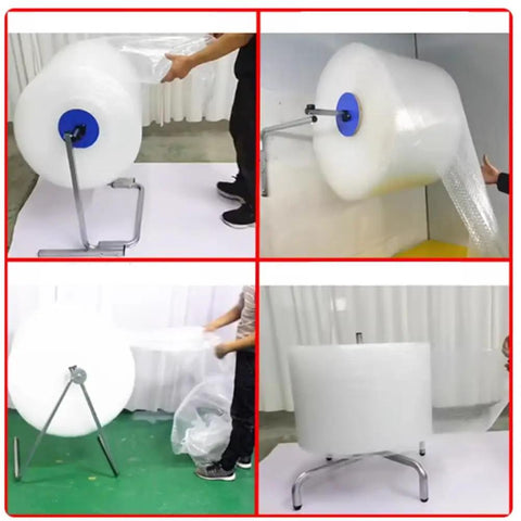 Wall Mounted Bubble Wrap Dispenser for Packing and Shipping shown in use with various stand designs and roll sizes