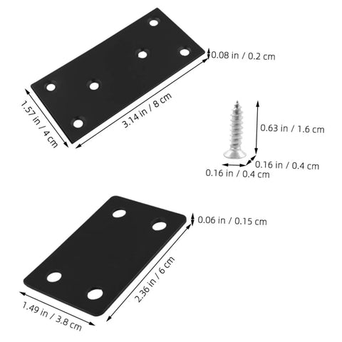 Heavy Duty Stainless Steel Corner Braces Rock Solid Wood Joint Connectors flat black mounting plates with screw dimensions shown.