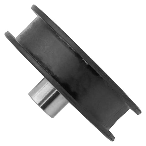 Heavy Duty Replacement Drive Idler Pulley Perfect Fit For John Deere X380 X390 X584 Mowers And Models AUC11239 AUC20590 top view showing black body and metal center.