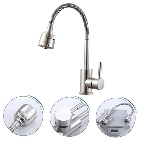 Shower Head 360 Degree Faucet Water Dispenser hot and Cold faucets Single-Tube tap for Kitchen Sink Rod Stainless Steel Single Handle close-up views