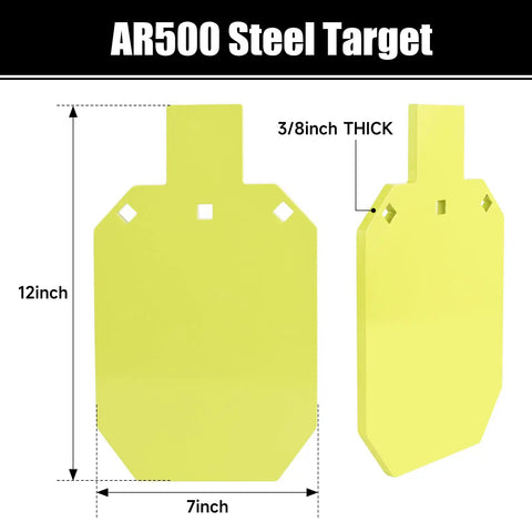 AR500 Steel Target Gong Set 4 Inch 6 Inch 8 Inch And 7X12 Torso Target with Anti Splatter Shooting Plate shown with dimensions