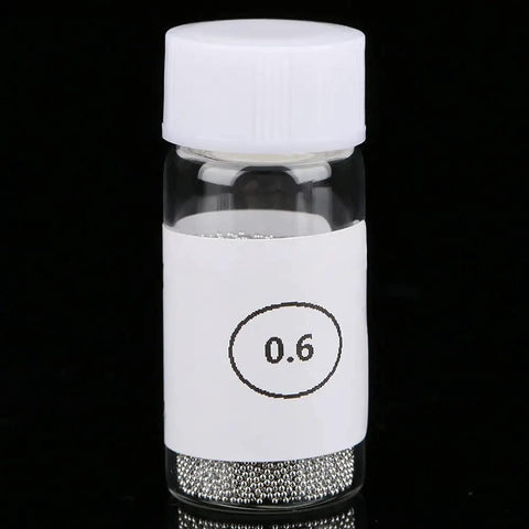 Vial of 0.6mm solder balls from Pro Grade BGA Reball Solder Balls Kit 0.6mm For GPU CPU IC Chips And PCB Soldering Universal Stencil Ball Set