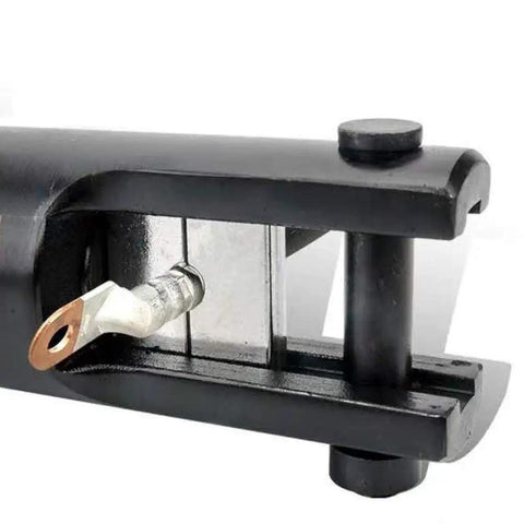 Close-up of 16 Ton Hydraulic Cable Lug Crimper Kit with 13 Die Sets for 9 AWG to 600 MCM Electrical Terminals, crimping a lug.