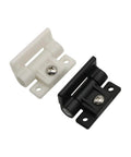 Two plastic damping hinges in white and black with mounting plates and torque adjustment.