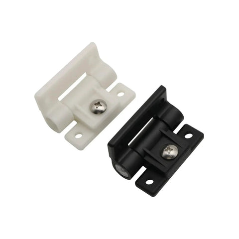 Two plastic damping hinges in white and black with mounting plates and torque adjustment.