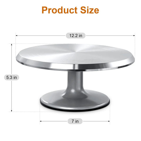 12 Inch Cake Stand With Non Slip Turntable Aluminum Construction For Cake Decorating Spinner Round Display Tray Perfect For Birthday Cakes Wedding Parties And Pro Baking, side view showing size dimensions.