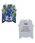 Geocaching Travel Bug Tag Aluminum With Sturdy Chain Attach To Keychains, Backpacks, Or Gear For Your Next Adventure, Lightweight, Durable, And Ready For The Hunt showing a colorful earth illustration on one side and text on the back.