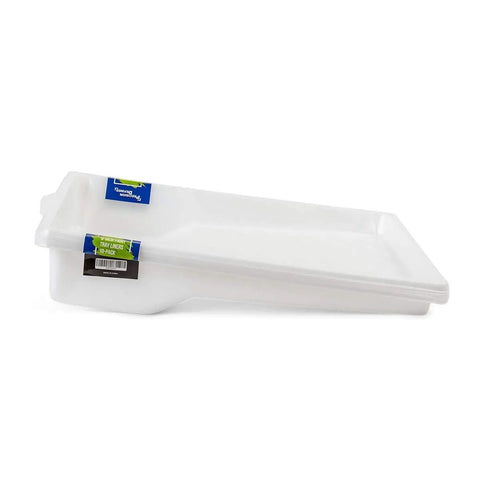 Heavy Duty 9 Inch Paint Tray Liners 10 Pack For Roller Trays Deep Pocket Plastic Paint Pan Disposable Liner Set For Clean Quick Paint Jobs And Pro Grade Results No Mess Cleanup, shown stacked with label visible.