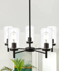 Contemporary 5-Light Large Chandelier In Oil Rubbed Bronze With Clear Glass Shades, Dimmable And Height Adjustable, in room view