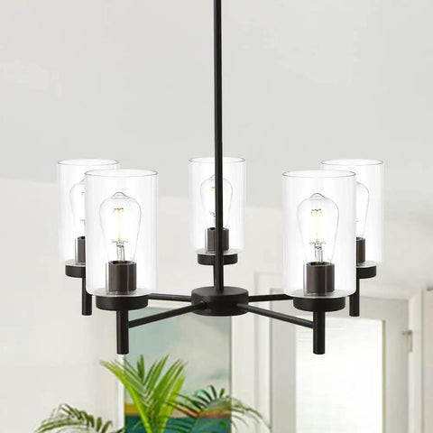 Contemporary 5-Light Large Chandelier In Oil Rubbed Bronze With Clear Glass Shades, Dimmable And Height Adjustable, in room view