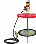Heavy Duty Pneumatic Grease Pump For 55 Gallon Drums With 16 Foot Hose And Follower Plate Pro Grade Aluminum Body showing red top and brass rod.