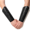 Badass Medieval Faux Leather Bracers Featuring Dragon And Viking Embossing, Adjustable Steampunk Punk Gothic Arm Cuffs, worn on hands.