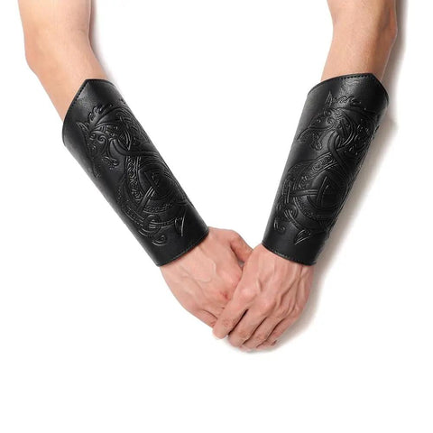 Badass Medieval Faux Leather Bracers Featuring Dragon And Viking Embossing, Adjustable Steampunk Punk Gothic Arm Cuffs, worn on hands.
