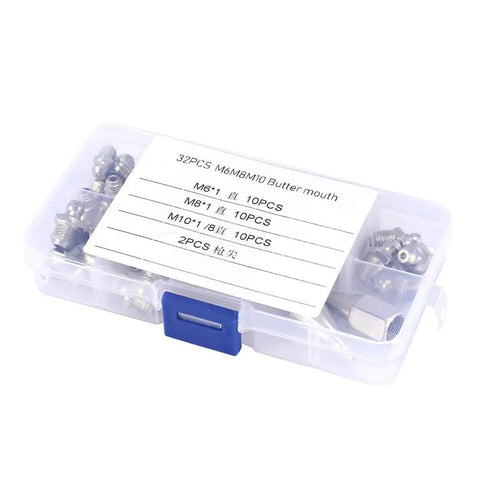 32-Piece Brass Zerk Grease Nipple Fittings Kit in a clear plastic box with labeled compartments for hot air guns.