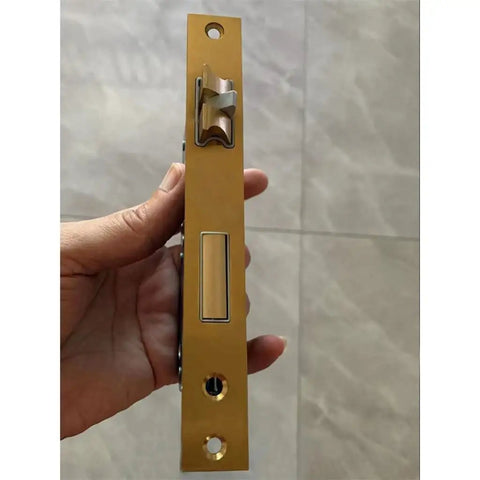 Heavy Duty Brass Entry Door Latch With Comfort Grip Handle And Smooth Operator Bolt Lock showing side view in hand.