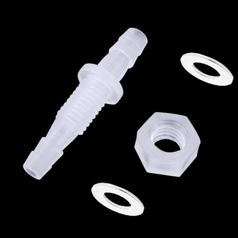 Clear plastic 1/4-inch hose barb bulkhead union adapter with metal washers; pack of 6
