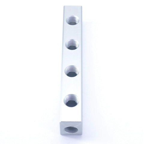 G1 4 BSP Port Four Way Six Port Pneumatic Air Manifold Block Splitter Beefy Built Solid Aluminum, side view of 6 ports.