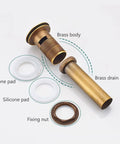 Copper Wash Basin Drain Plug, With drain hole, With drain hole A showing brass body, drain pipe, silicone pads, and fixing nut.