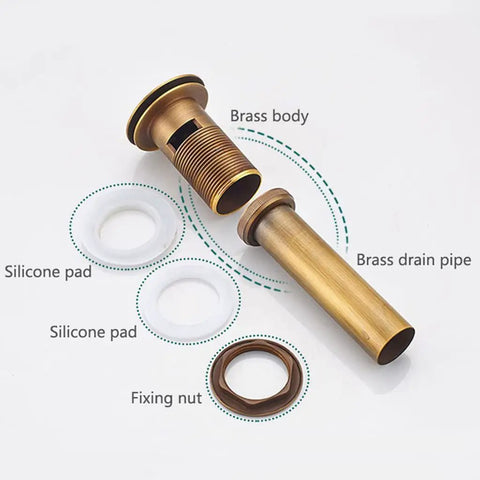 Copper Wash Basin Drain Plug, With drain hole, With drain hole A showing brass body, drain pipe, silicone pads, and fixing nut.