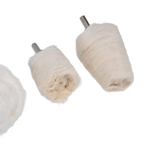 Hardcore 10 Piece Cotton Flannel Buffing Wheel Kit Includes Heavy Duty Wax Rod To Score That Slick Mirror Shine On Marble Glass And Stainless Steel Without The Hassle, showing two cotton flannel buffing wheels.