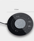 Fast Acting USB Mug Warmer With Smart Adjustable Heat Control Keeps Your Morning Sip Piping Hot All Day Long Sleek Black Tempered Glass Platform on a desk.