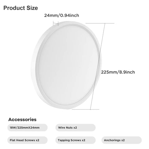 2 Pack 9 Inch LED Flush Mount Ceiling Light dimensions and accessories displayed