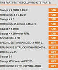Compatibility chart for Hardened Steel 47T Spur Gear For HPI One Eighth Savage with various Savage models and options shown.