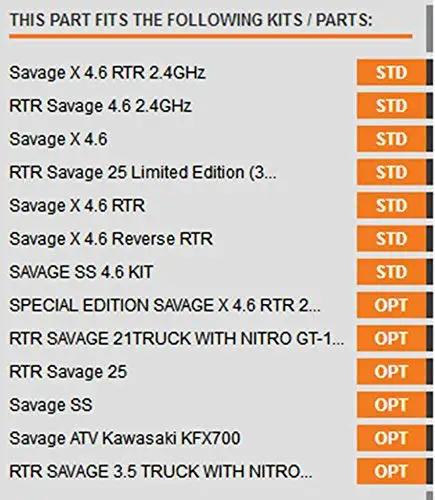 Compatibility chart for Hardened Steel 47T Spur Gear For HPI One Eighth Savage with various Savage models and options shown.
