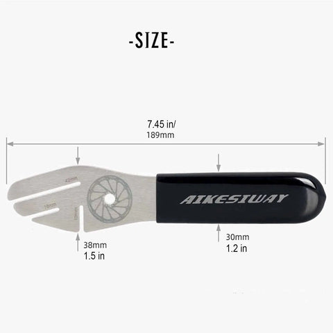 Bike Disc Brake Truing Fork And Alignment Tool Set With Pad Gap Regulator, stainless steel with plastic handle, measurements shown
