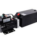Greron 12V Dc Single Acting Hydraulic Pump Power Unit With Steel Reservoir And Sae Six Port mounted with control valves.