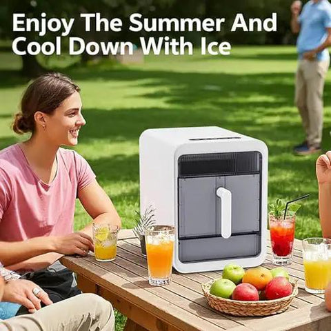 Savage Compact Nugget Ice Maker Countertop Speed Demon slays ice while friends enjoy drinks outdoors in summer.