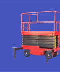 Heavy Duty Fully Automatic Electric Scissor Lift Table Mobile Hydraulic Platform Four Meter Rise with wheels and safety railing.