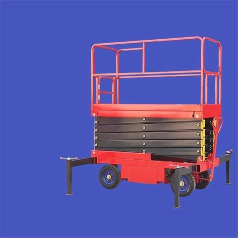 Heavy Duty Fully Automatic Electric Scissor Lift Table Mobile Hydraulic Platform Four Meter Rise with wheels and safety railing.