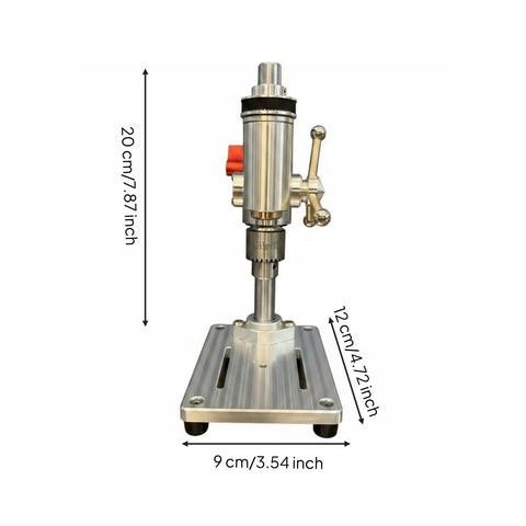 Compact Mini Bench Drill Press With Xy Vise For Model Making And Garage Work Lightweight Aluminum Alloy Steel Construction Reduces Vibration Includes Three Jaw Chuck, front view with dimensions.