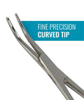 Curved Precision Kelly Forceps Locking Tweezers Clamp, 5.5 Inch Stainless Steel Medical Grasp Tool For Doctors, Nurses, EMTs And Home Use, Fine Tip, Strong Locking Mechanism For Delicate Small Item Clamping close-up of curved tip