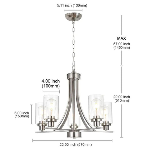 Traditional 5 Light Chandelier In Brushed Nickel With Clear Glass Shades Dope Modern Hanging Pendant Lighting With Measurements
