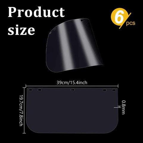 Diagram of Six Pack PET Face Shield Replacement Visors Clear 15.3x7.7 Inch Safety Shields For Workers Industrial Woodworking And Lab Use