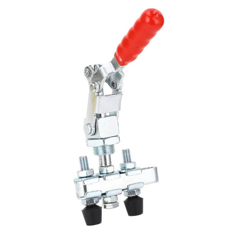 Beefy Push Pull Toggle Clamp With Double Head And Quick Release Heavy Duty 39Mm Stroke 136 Kg Clamping Force For Welding And Fixtures Dual Pressure Heads With Rubber Pads For Vertical Or Horizontal Hold, galvanized iron, red handle