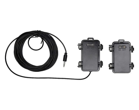 Battery Powered IR Beam Sensor Animatronic Activator For Halloween Displays with emitter, receiver, cords, and hardware.