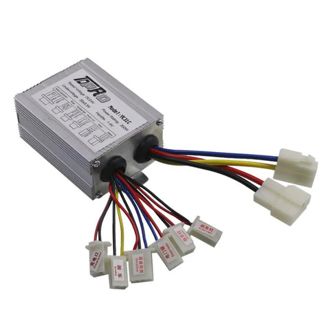 24V 350W Brushed DC Motor Speed Controller With Thumb Throttle For Scooters, E Bikes, Go Karts, ATVs, UTVs, Drifts, Golf Carts And More With Overcurrent And Short Voltage Protections, Compact 3.8x2.7x1.5 Inch Module For Plug And Play Install. silver aluminum 24V 350W DC motor controller with wiring harness and connectors