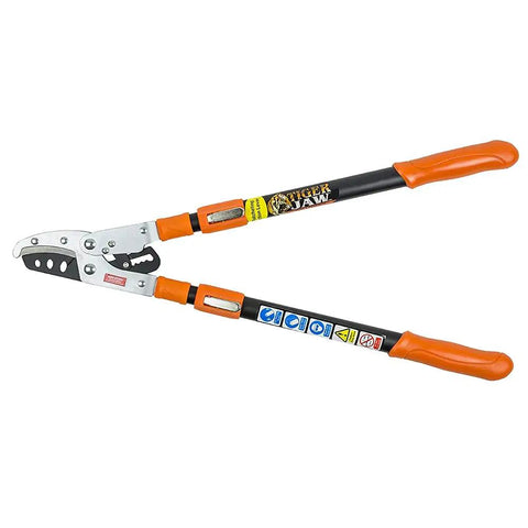 Super Tough Hybrid Blade Ratcheting Telescopic Lopper With Easy Adjust Handles, vibrant orange, shown extended.