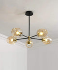 5-Light Sputnik Chandelier With Airblown Glass Globes In Sleek Smoke Grey, adjustable height iron fixture with clear globes.
